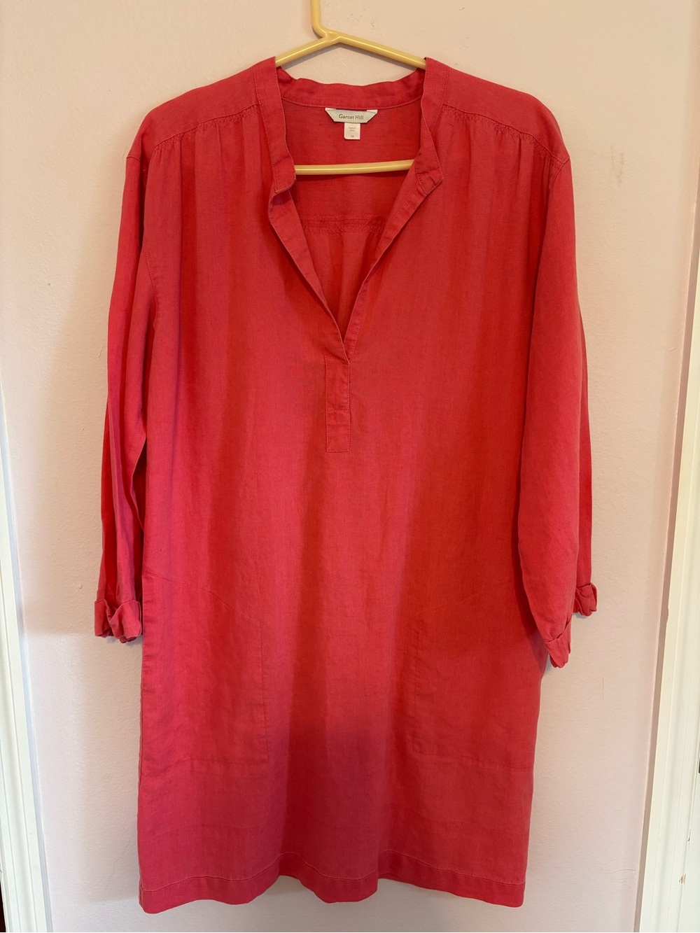 Garnet Hill 100% Linen Popover Shift Dress w/Pockets & Self Belt - Coral